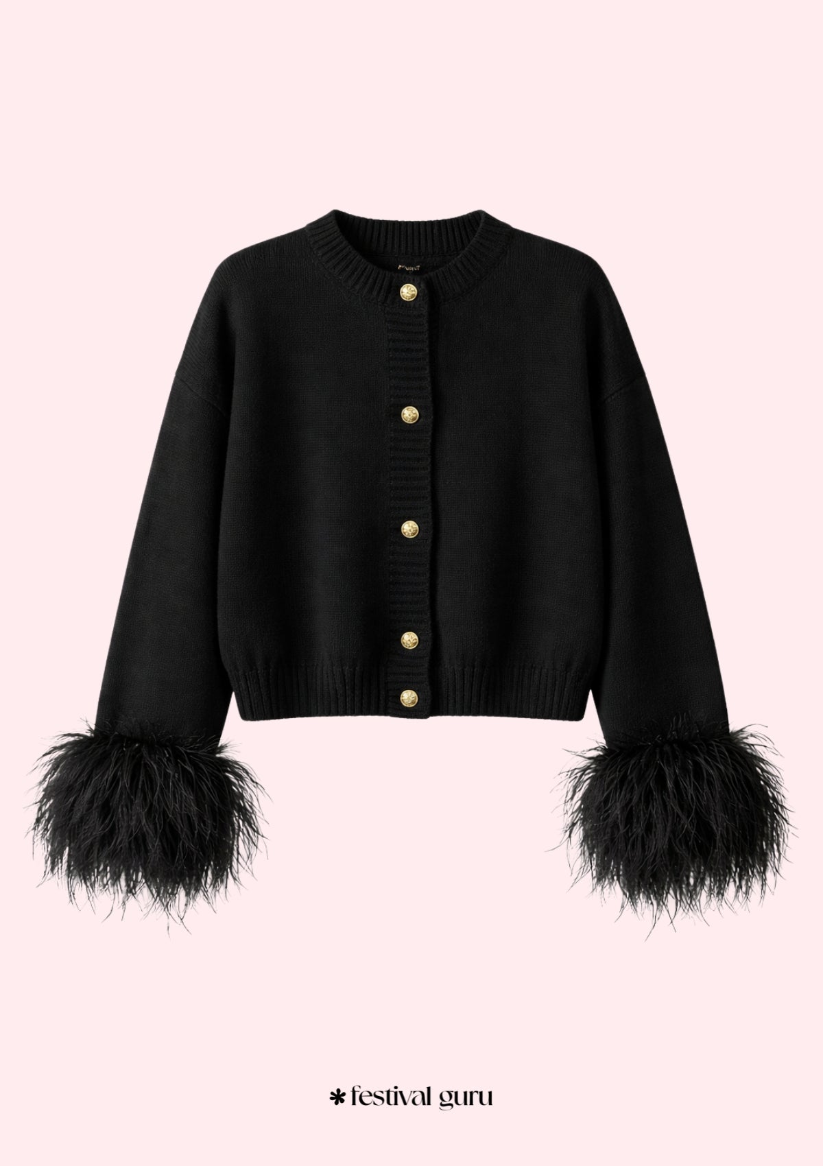 Black cardigan with feathered cuffs on a pink background