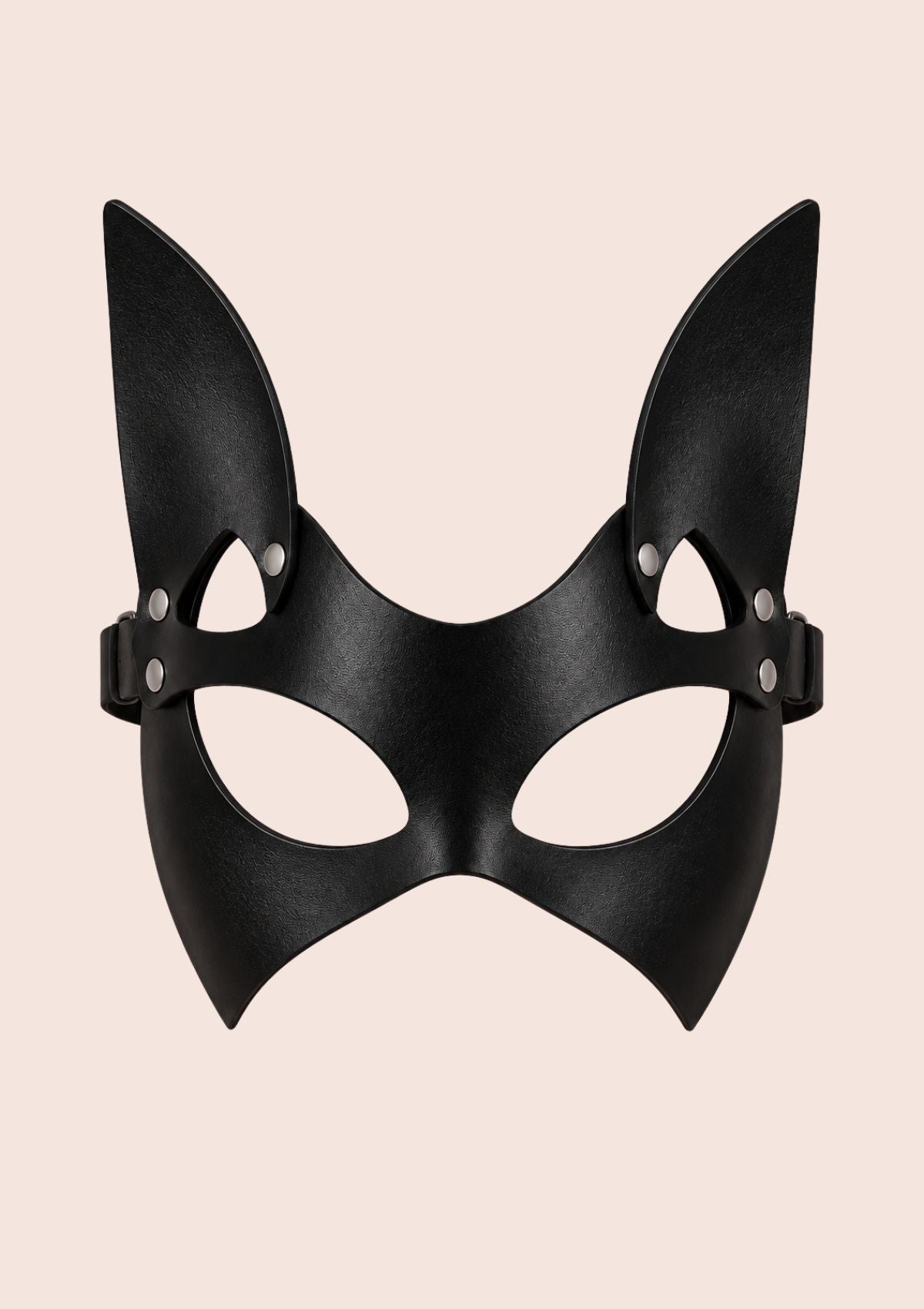 Black cat-ear mask with eye openings, metal stud details and side fastening straps.