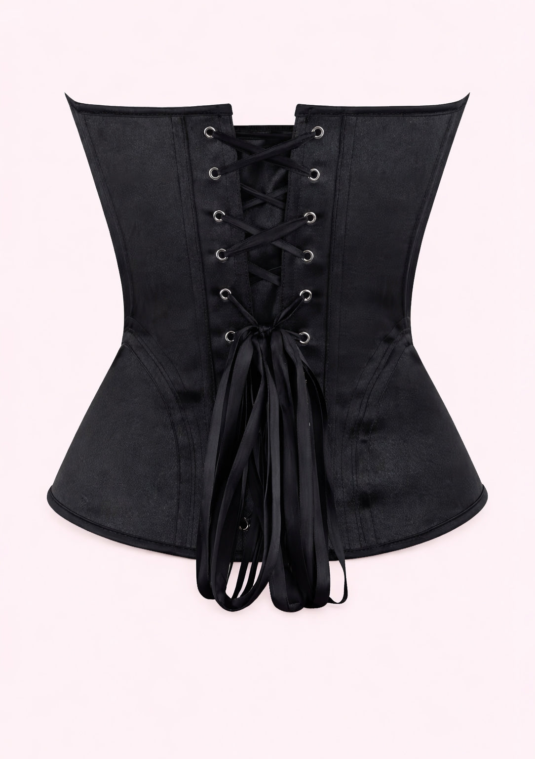 Black corset with lace-up front on a white background
