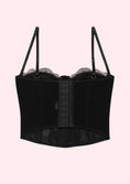 Load image into Gallery viewer, Black corset with lace details on a pink background
