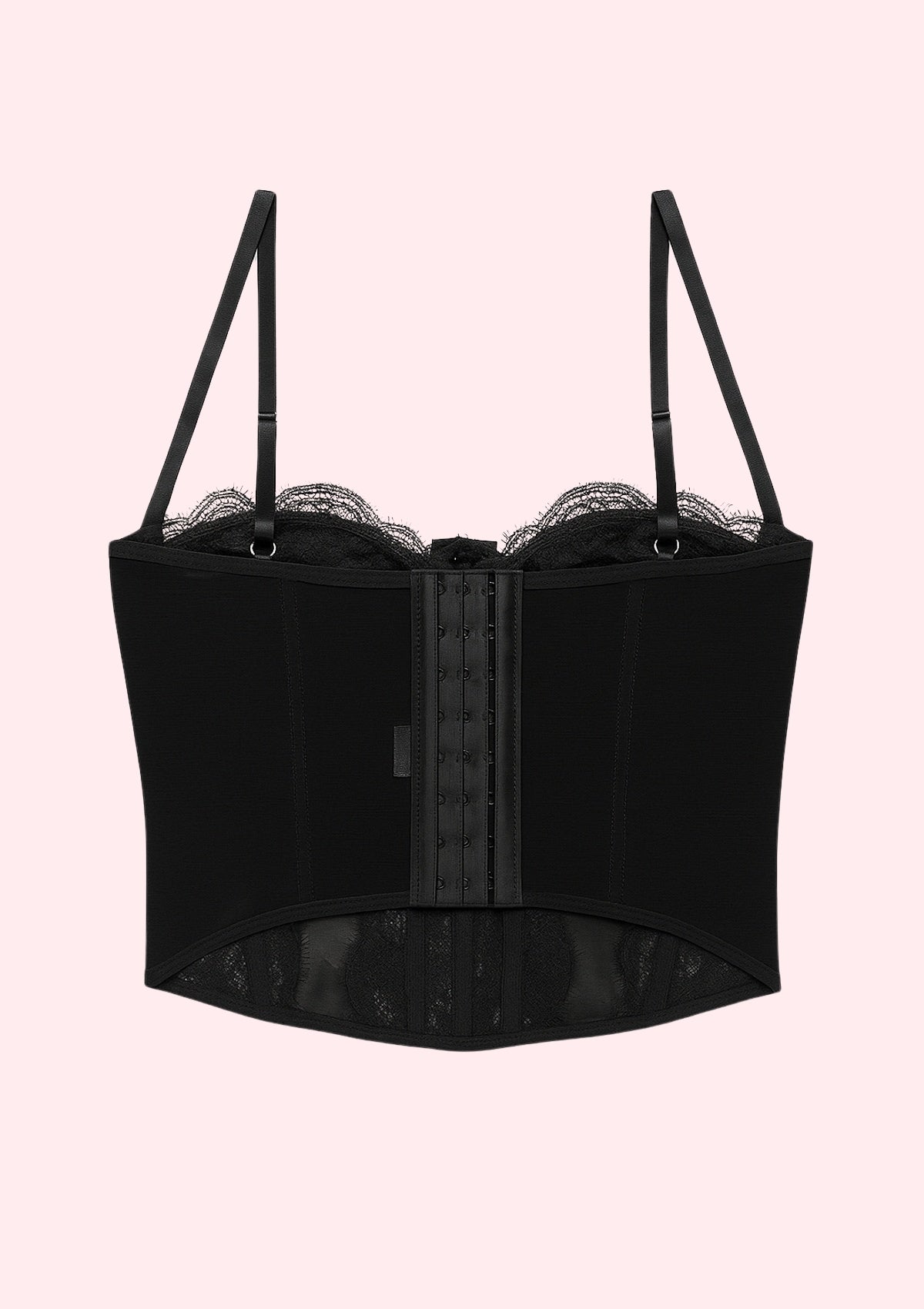 Black corset with lace details on a pink background