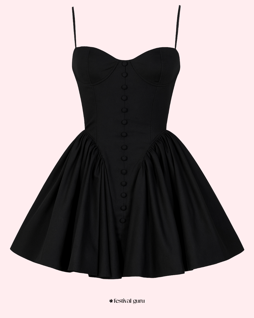 Black dress with button details on a white background