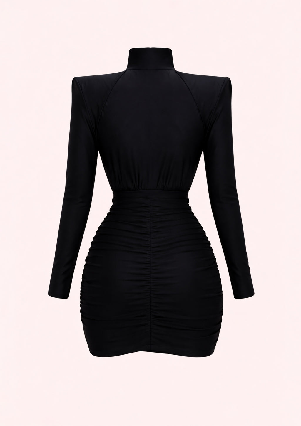 Black dress with long sleeves on a light pink background