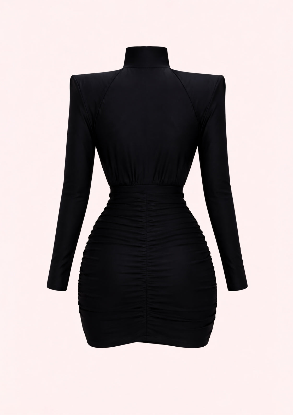 Black dress with long sleeves on a light pink background