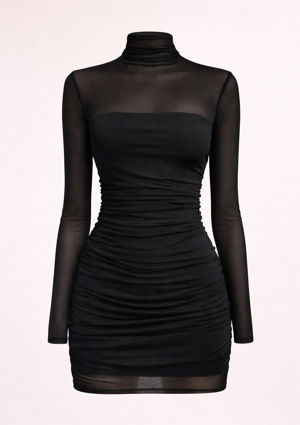 Black dress with sheer long sleeves on a light pink background