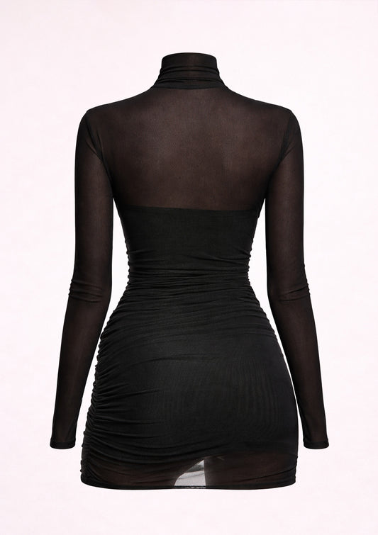 Black dress with sheer mesh long sleeves on a white background