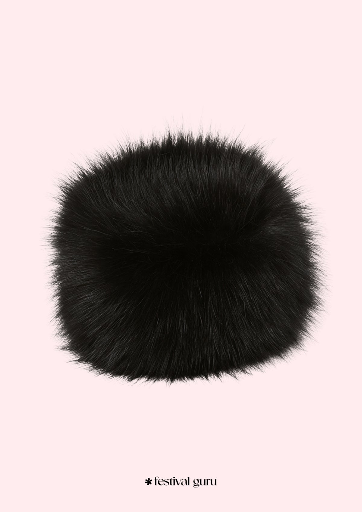 Black faux fur pom-pom on a pink background with 'festival guru' branding.