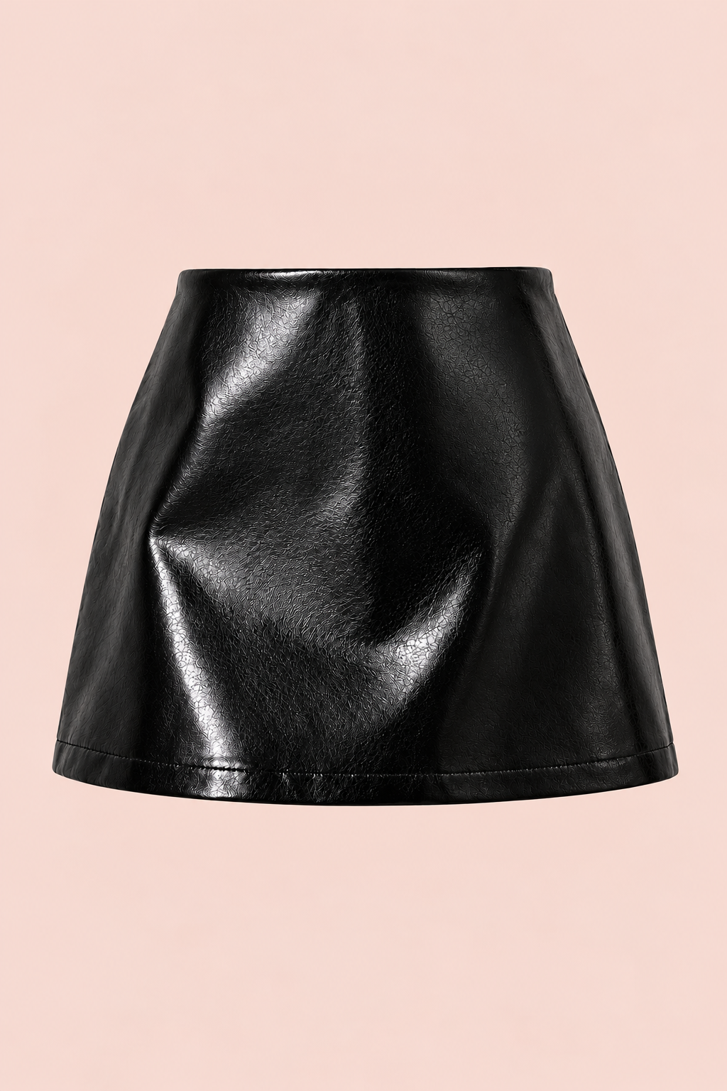 Black glossy faux leather mini skirt with a low-rise waist and a sleek silhouette.