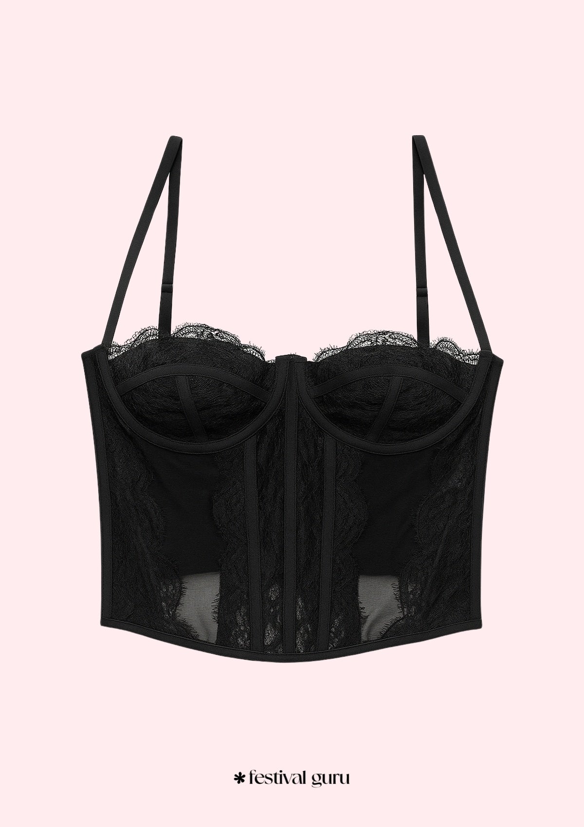 Black lace corset on a light pink background with 'festival guru' branding.