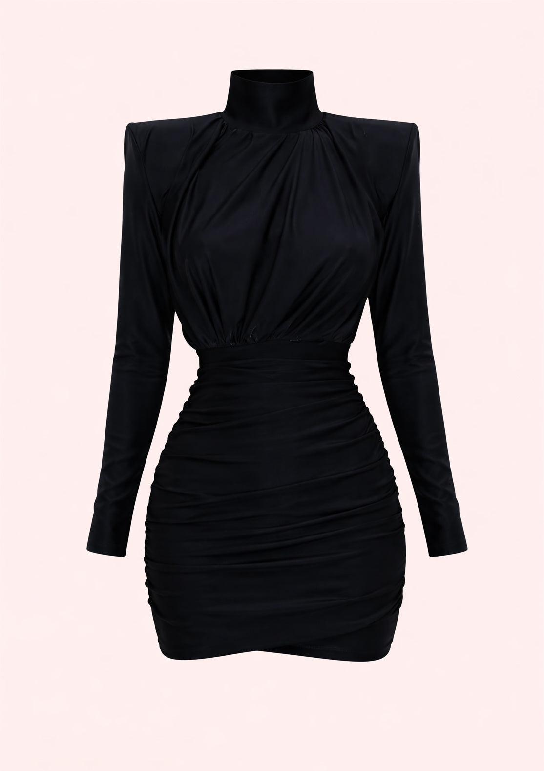 Black long-sleeve dress on a light pink background