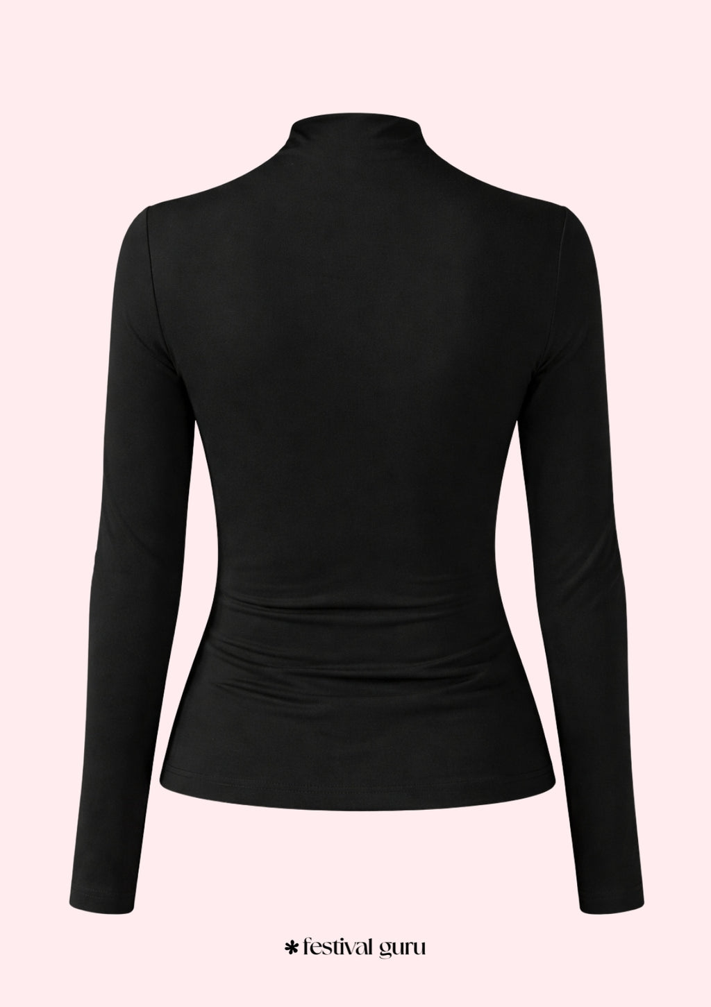 Black long-sleeve top on a light pink background with 'festival guru' branding.