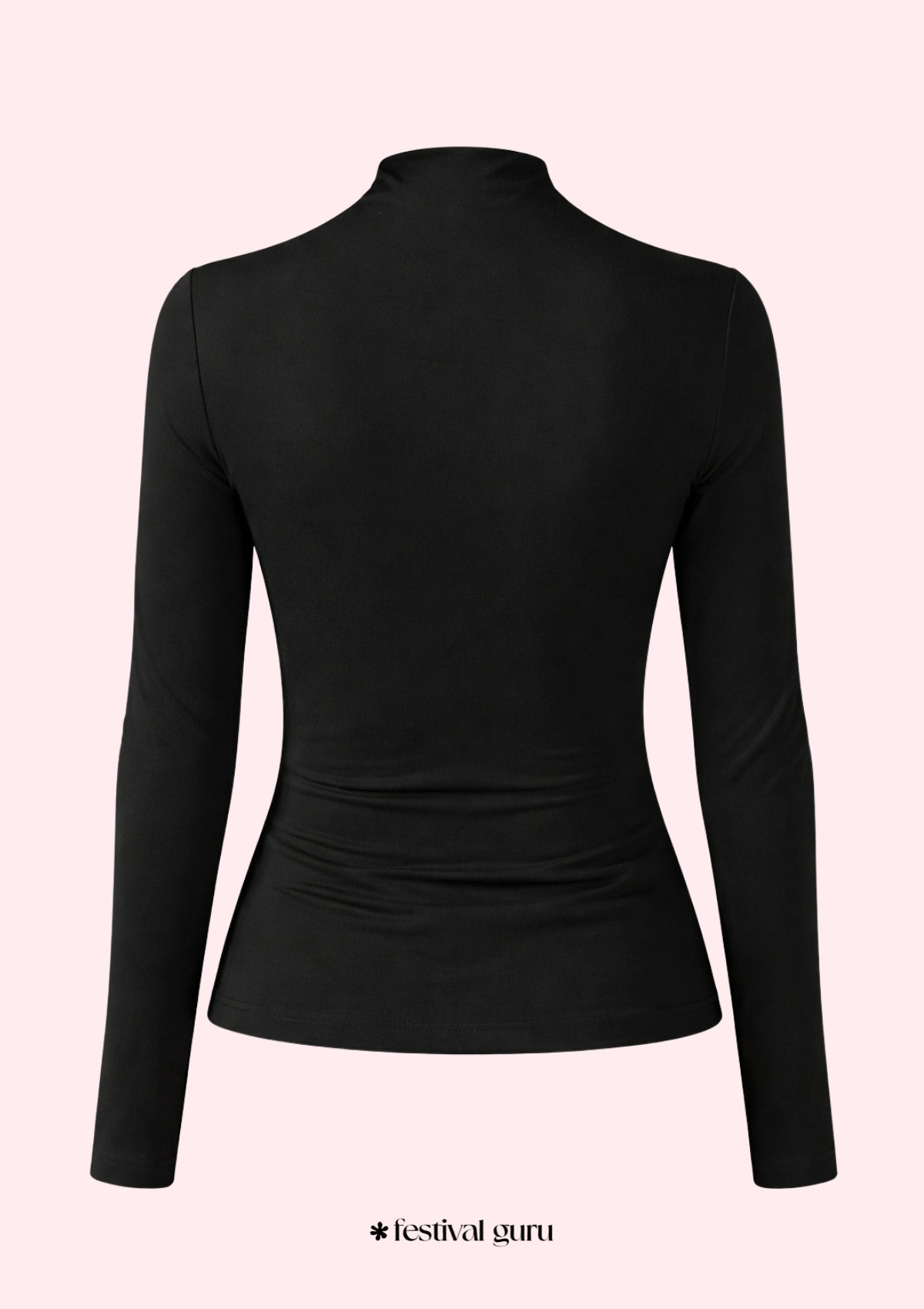 Black long-sleeve top on a light pink background with 'festival guru' branding.