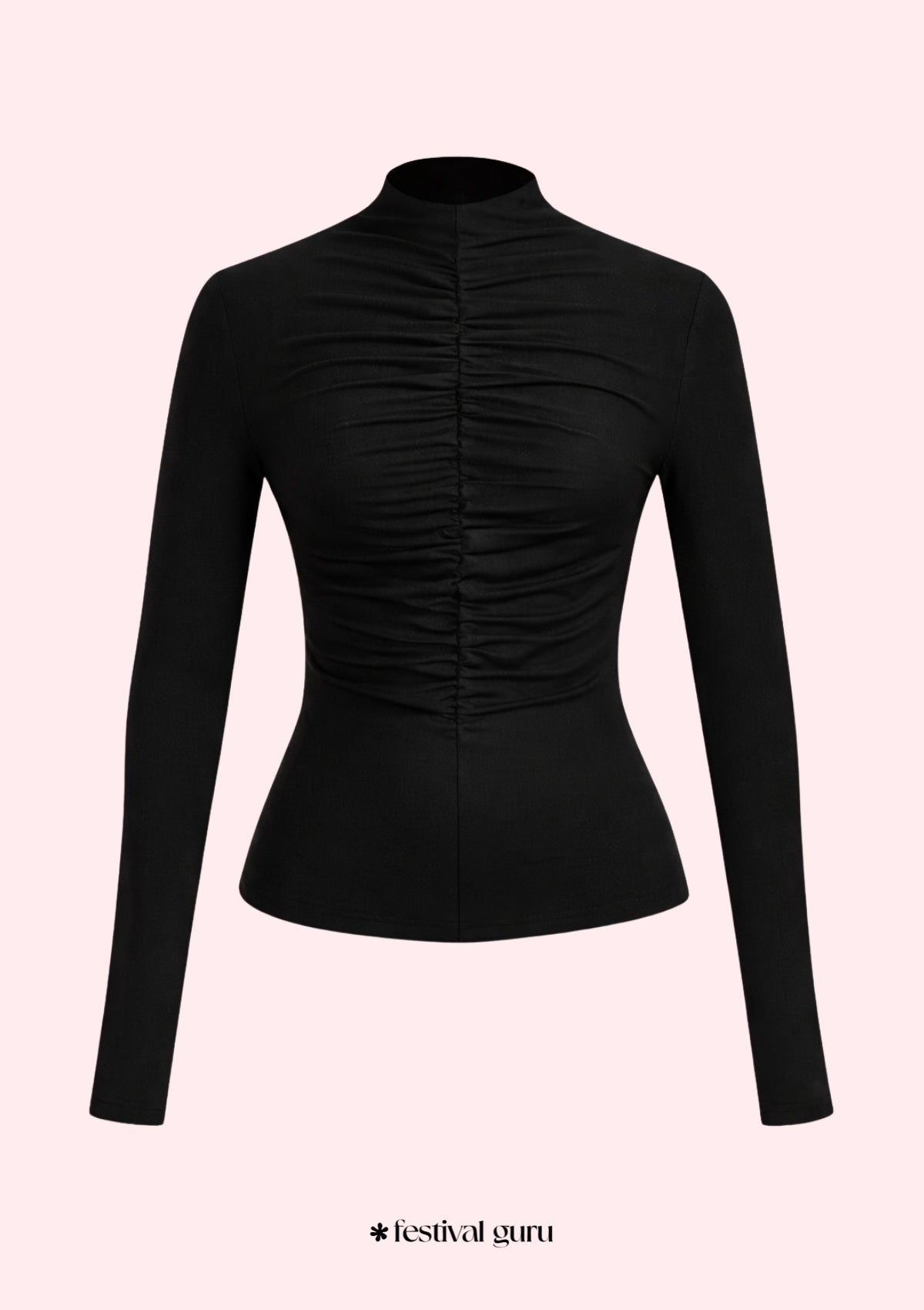 Black long-sleeve top with ruched design on a light pink background