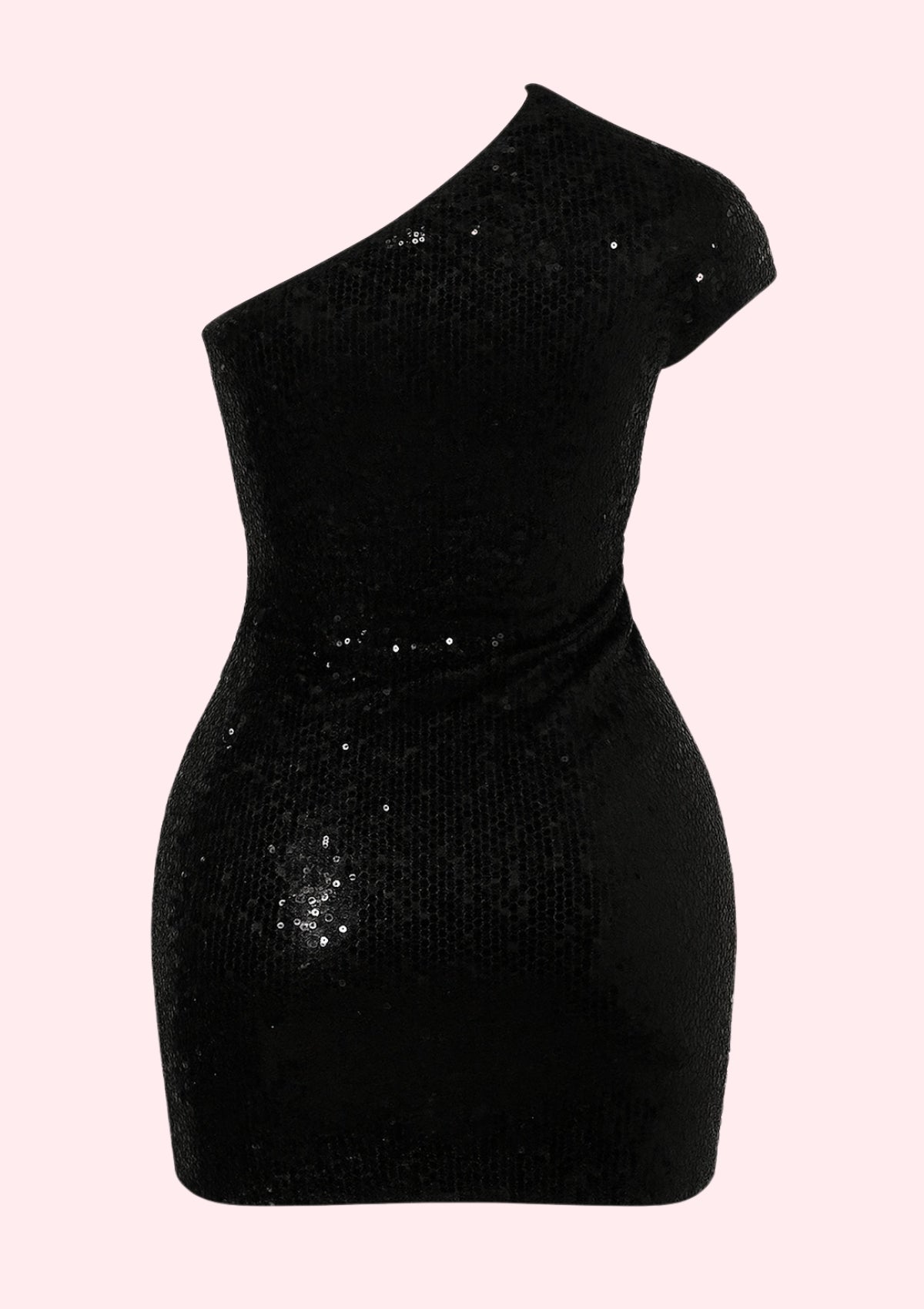 Black one-shoulder dress with sequin details on a light pink background