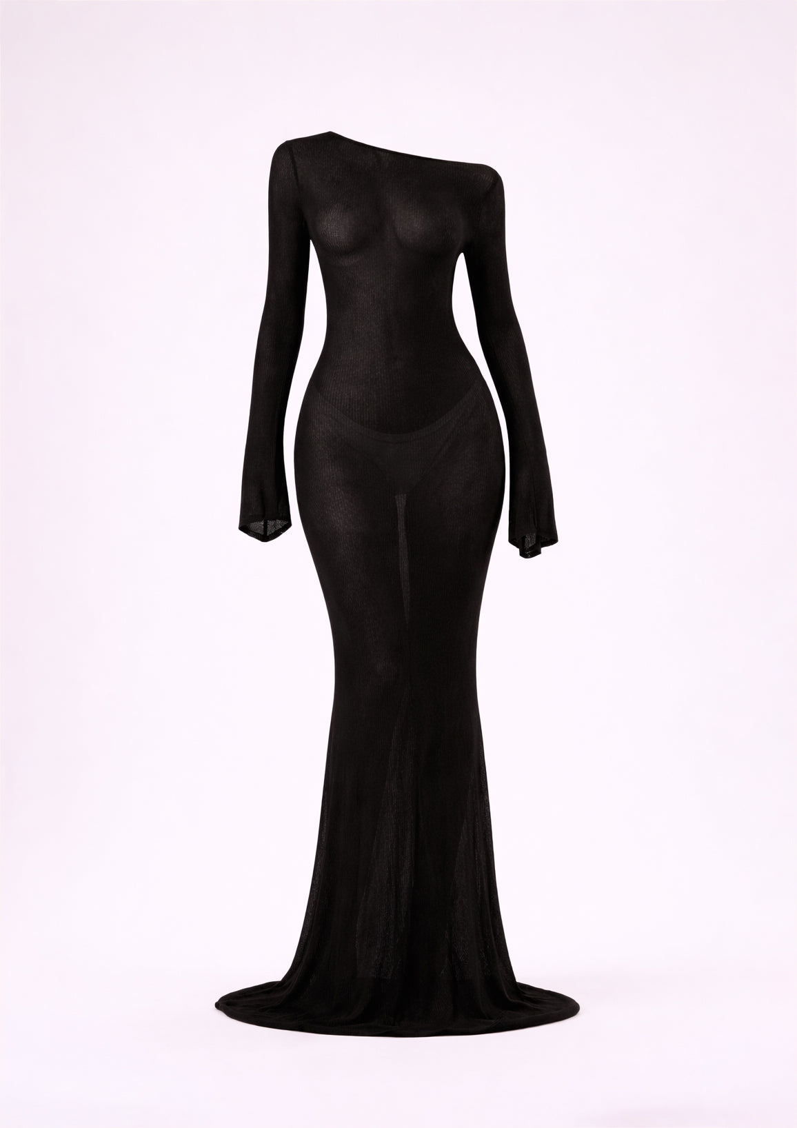 Black one-shoulder evening gown on a white background