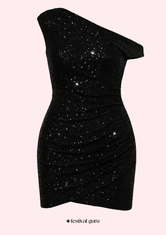 Black one-shoulder dress with glittery texture on a white background