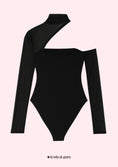 Заредете изображението в програмата за преглед на галерия, Black one-shoulder bodysuit on a light pink background with 'festival guru' branding.
