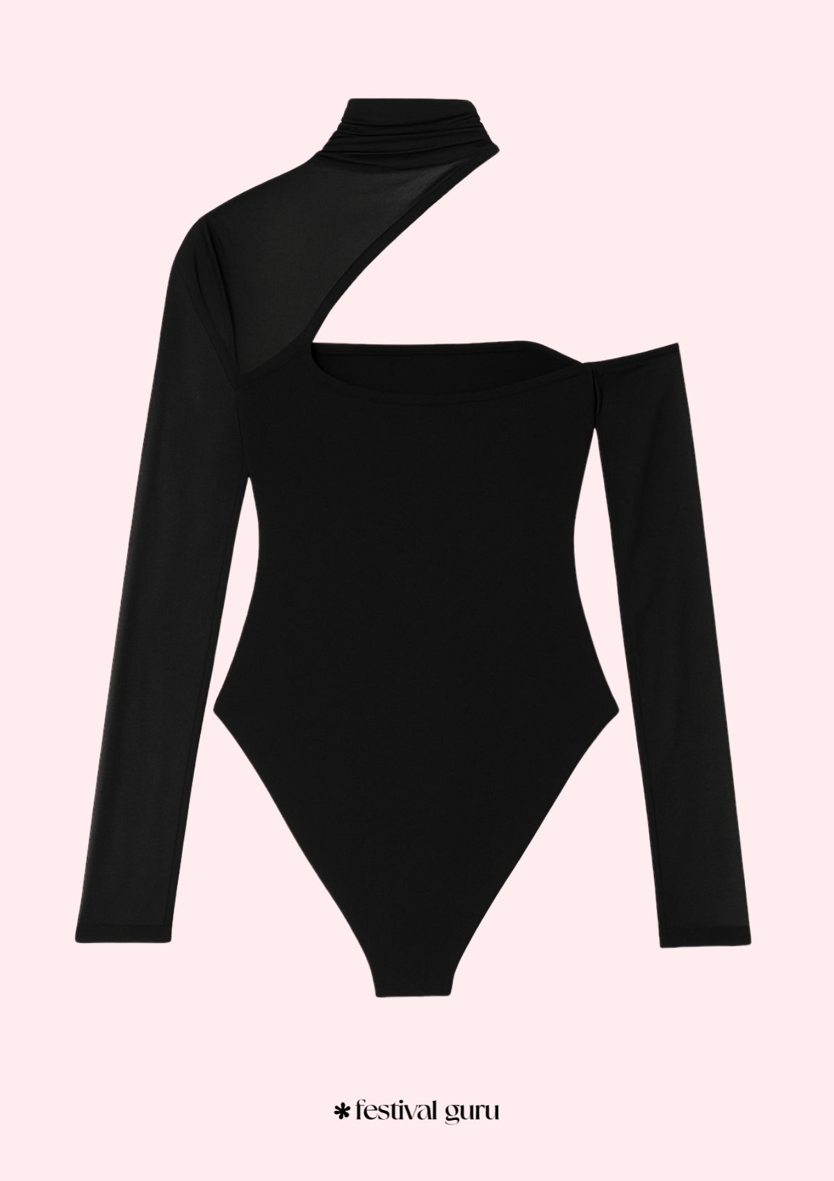 Black one-shoulder bodysuit on a light pink background with 'festival guru' branding.