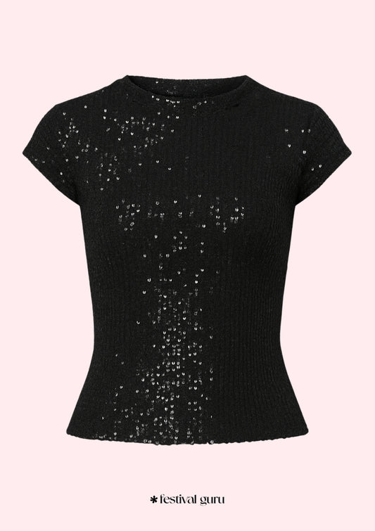 Black sequin top on a light pink background with 'festival guru' branding.