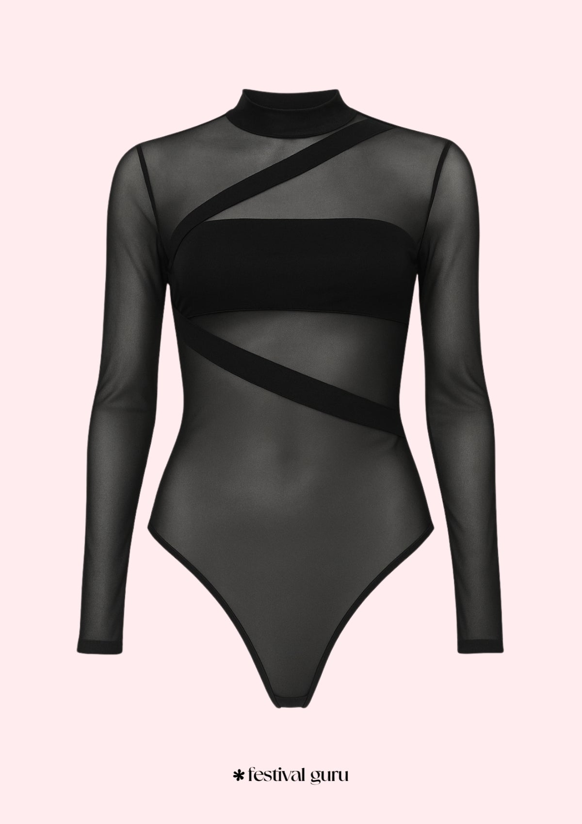Black sheer bodysuit with long sleeves on a light pink background