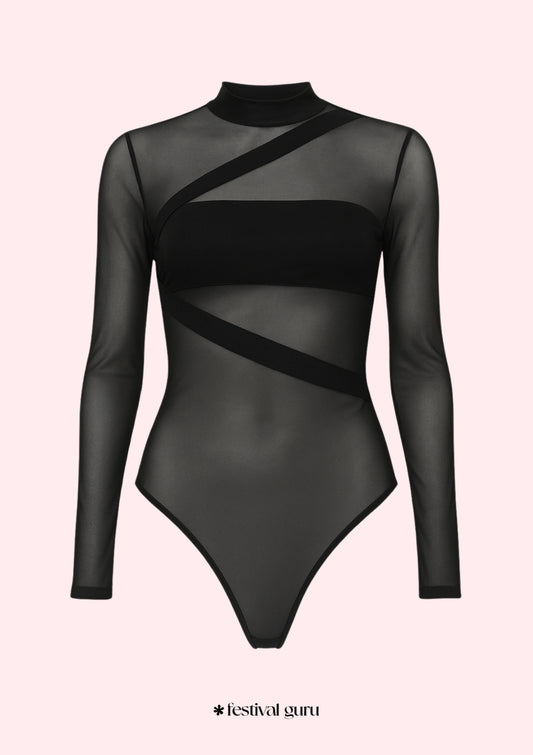 Black sheer bodysuit with long sleeves on a light pink background