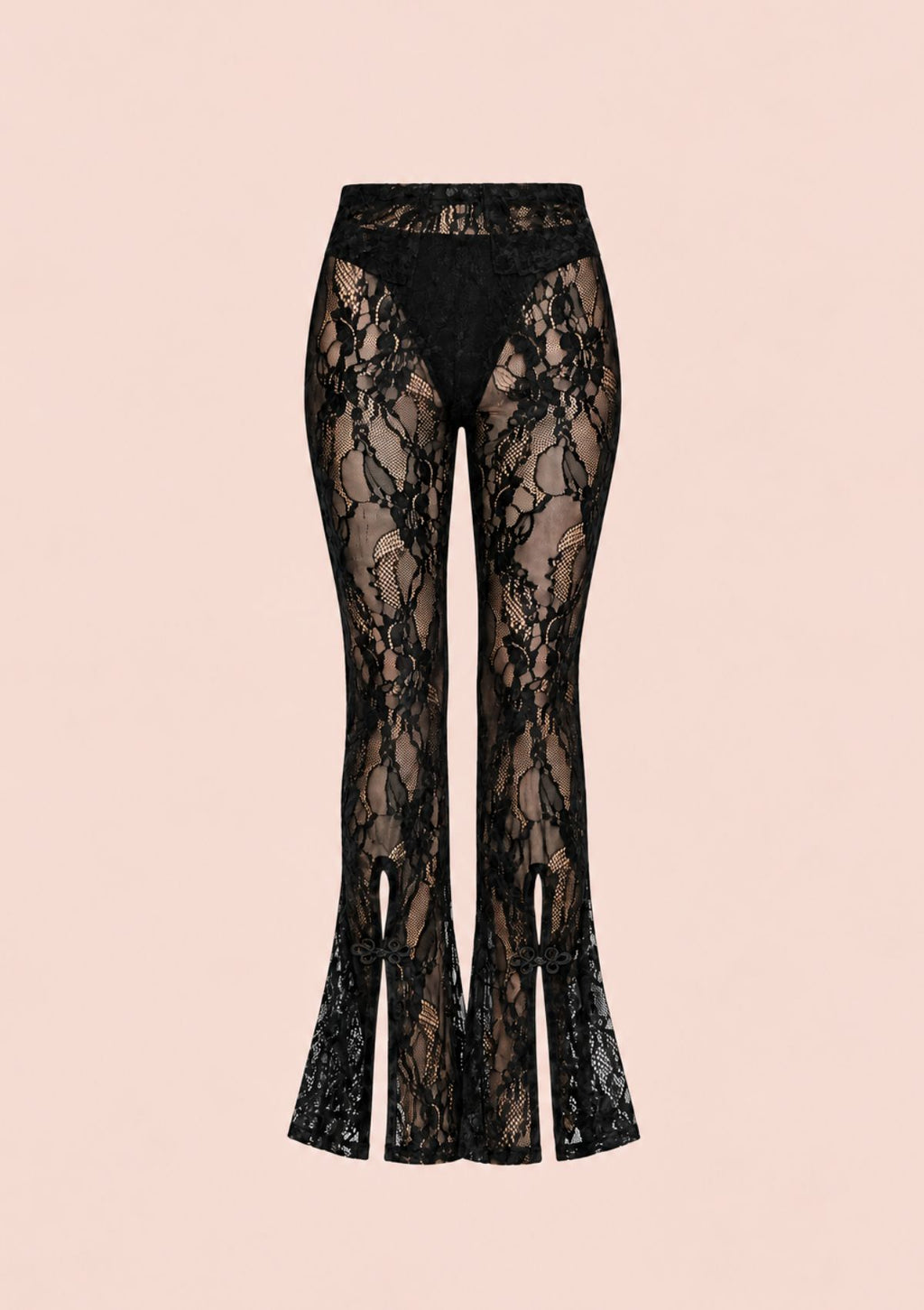 Black lace flare pants with a sheer floral lace pattern, displayed against a solid pale pink background.