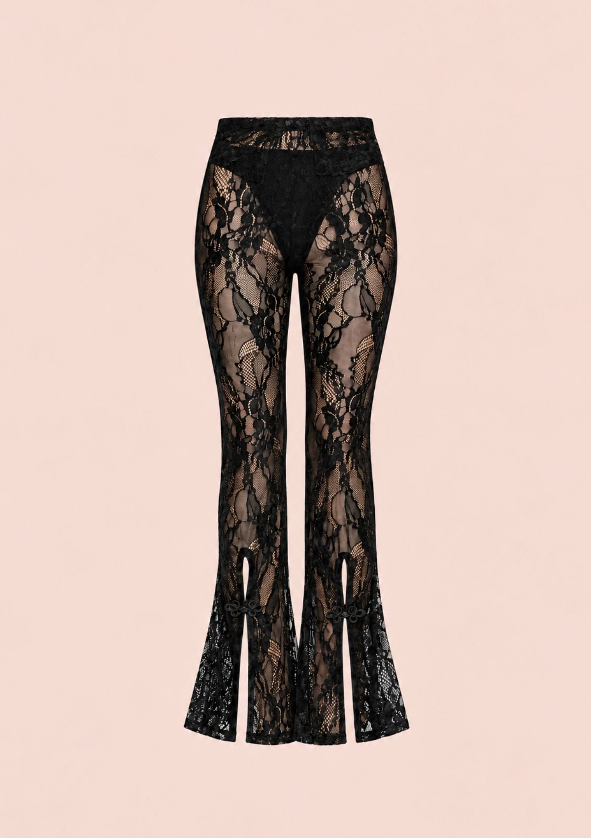 Black lace flare pants with a sheer floral lace pattern, displayed against a solid pale pink background.