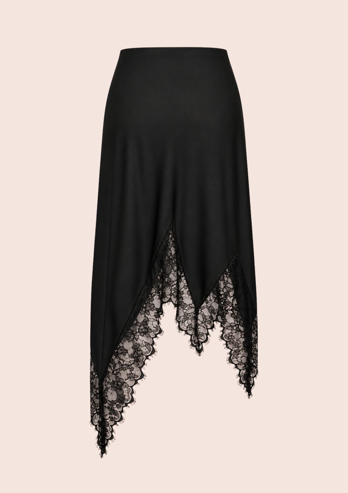 Black skirt with an uneven hem and lace panels at the bottom