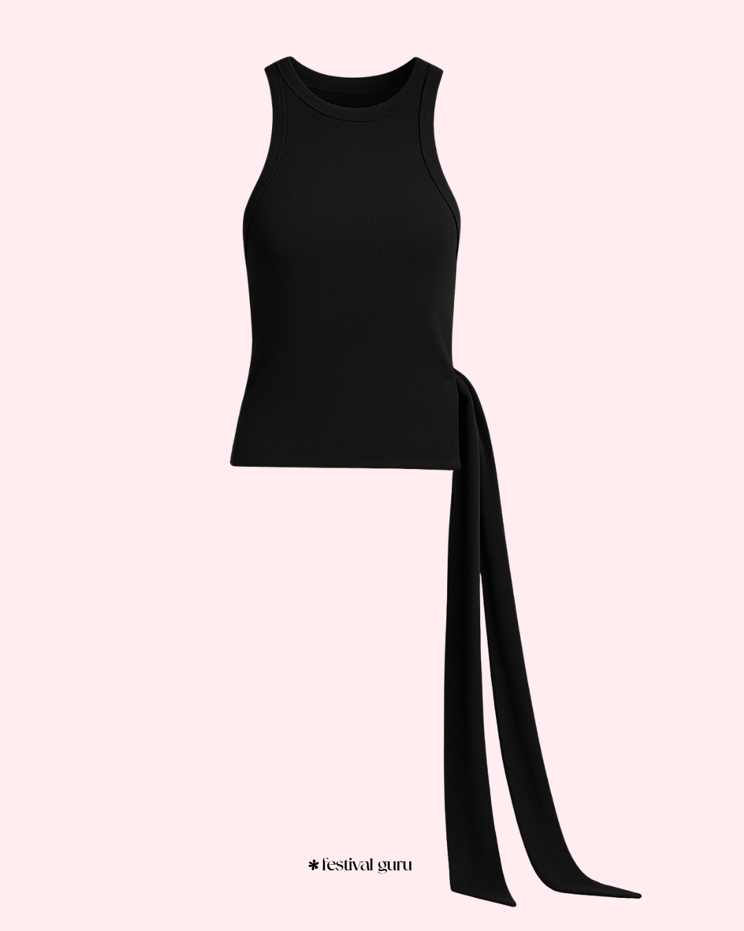 Black sleeveless top with a tie detail on a light pink background