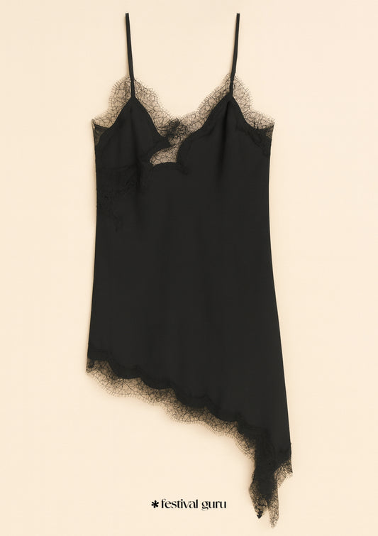 Black slip dress with lace trim on a beige background, branded 'festival guru'.