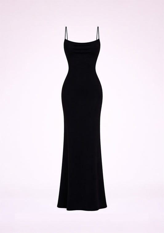 Black slip dress on a white background
