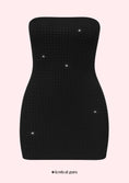 Load image into Gallery viewer, Black strapless dress with sparkling stones on a pink background, brand 'festival guru' visible.
