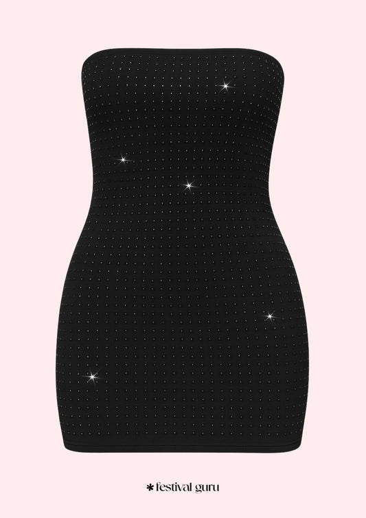 Black strapless dress with sparkling stones on a pink background, brand 'festival guru' visible.