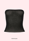 Black strapless top with rhinestone embellishments on a light pink background