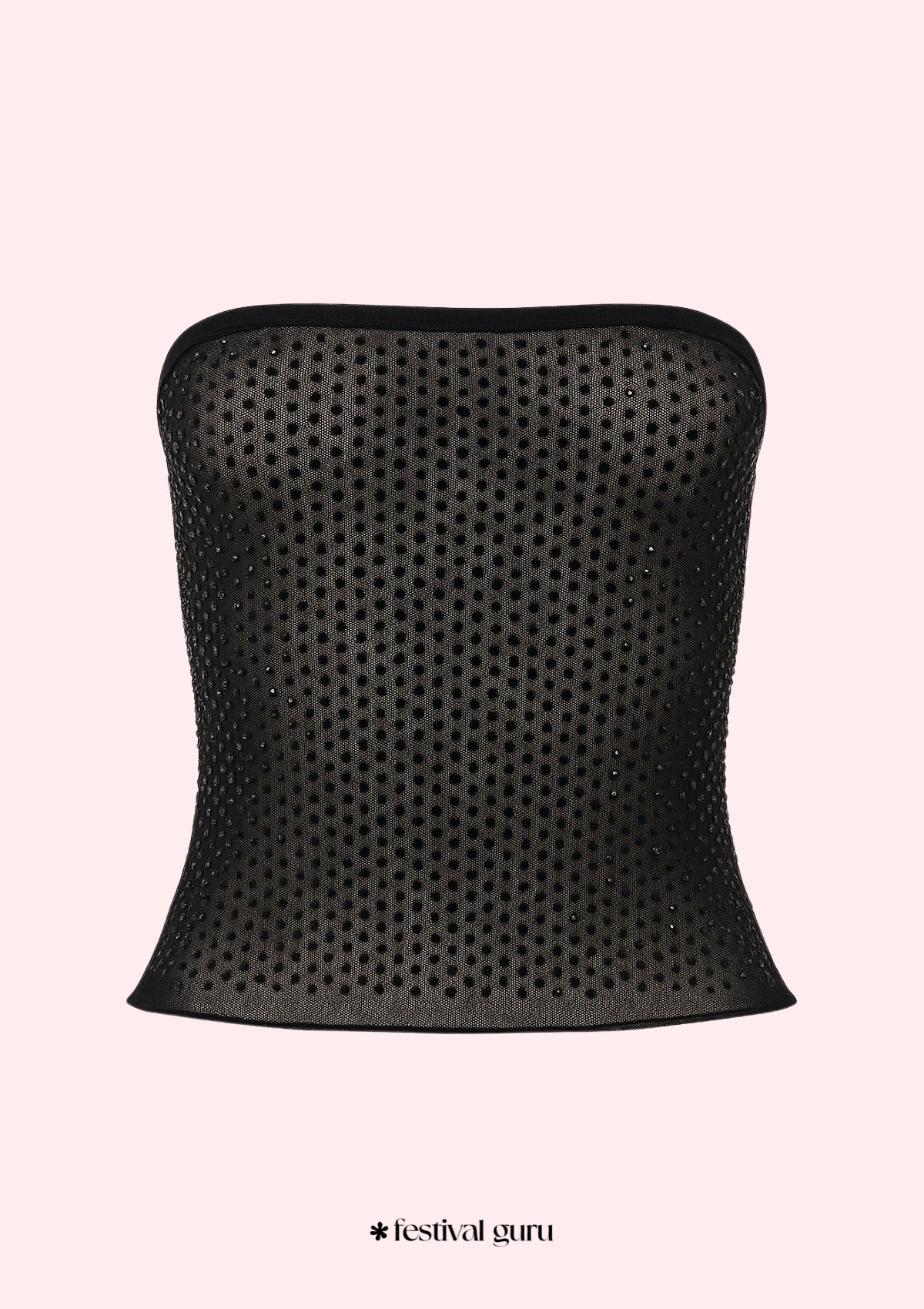 Black strapless top with rhinestone embellishments on a light pink background