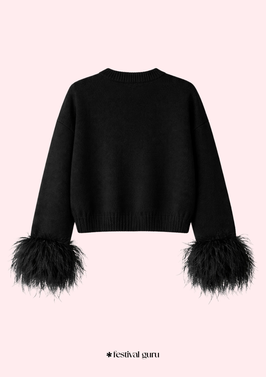 Black sweater with feathered cuffs on a pink background, featuring 'festival guru' branding.