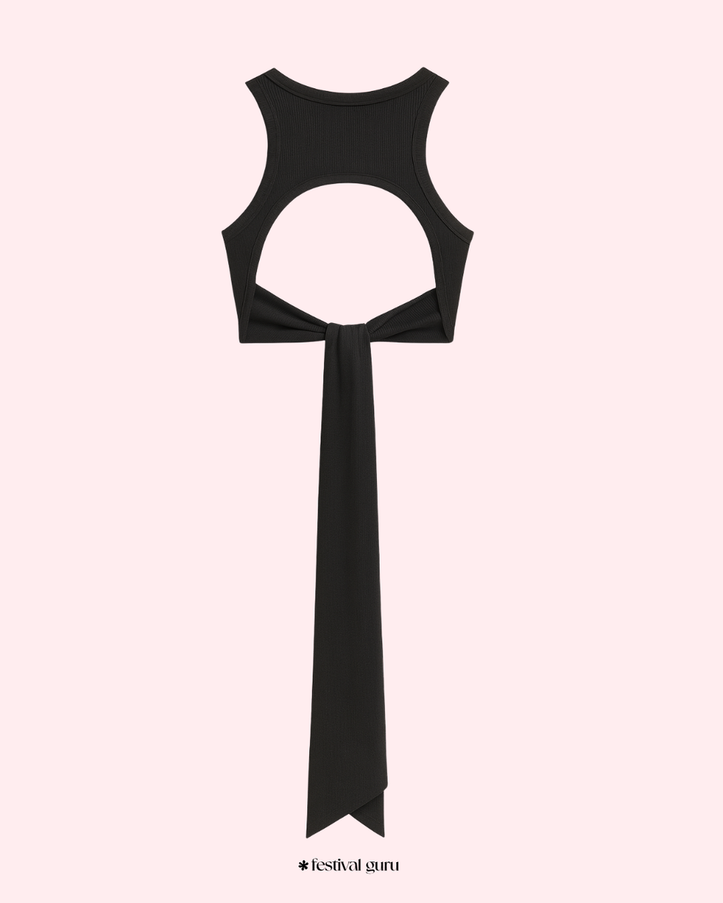 Black sleeveless top with a long tie on a white background