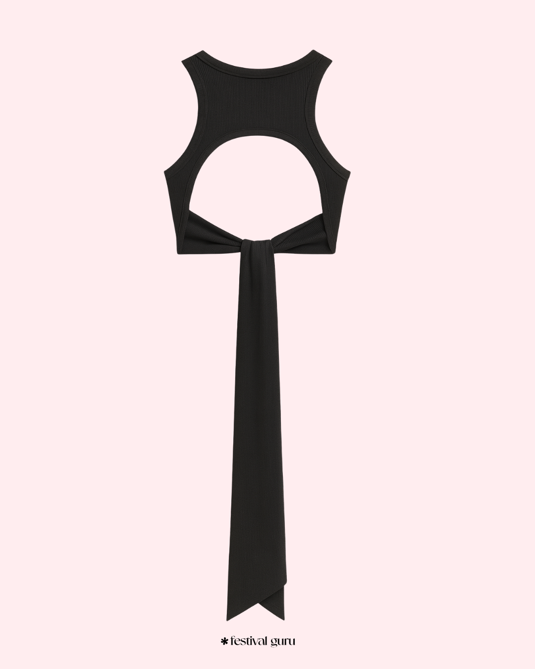 Black sleeveless top with a long tie on a white background