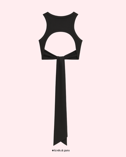 Black sleeveless top with a long tie on a white background