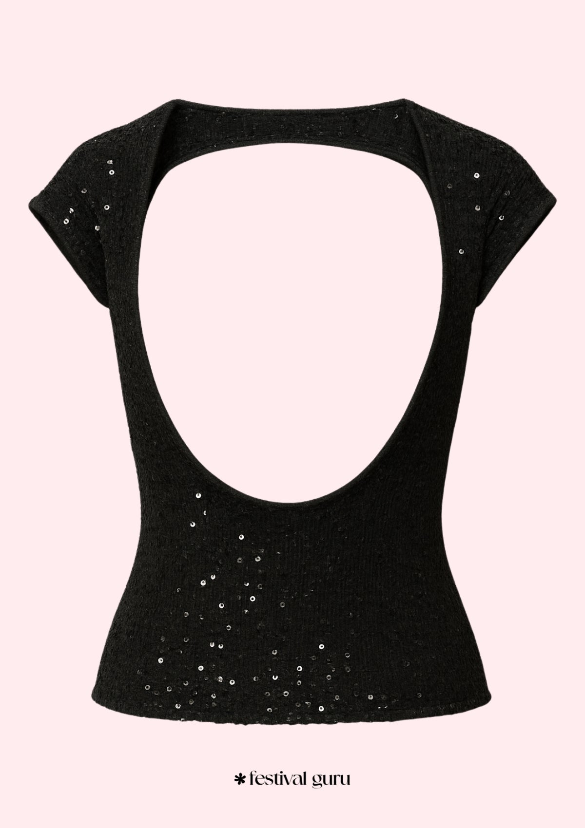 Black top with sequin details on a white background