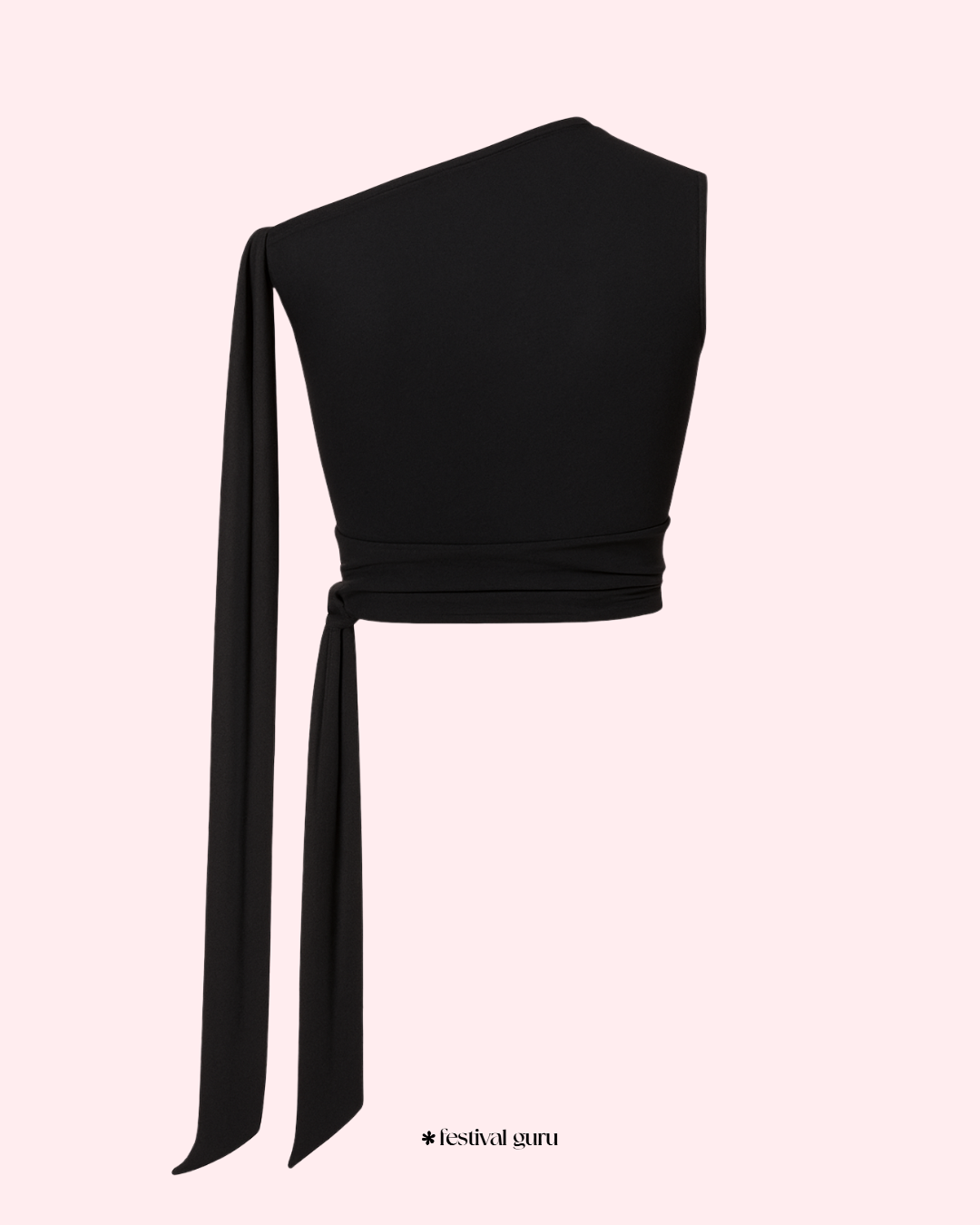 Black one-shoulder top with a tie detail on a light pink background