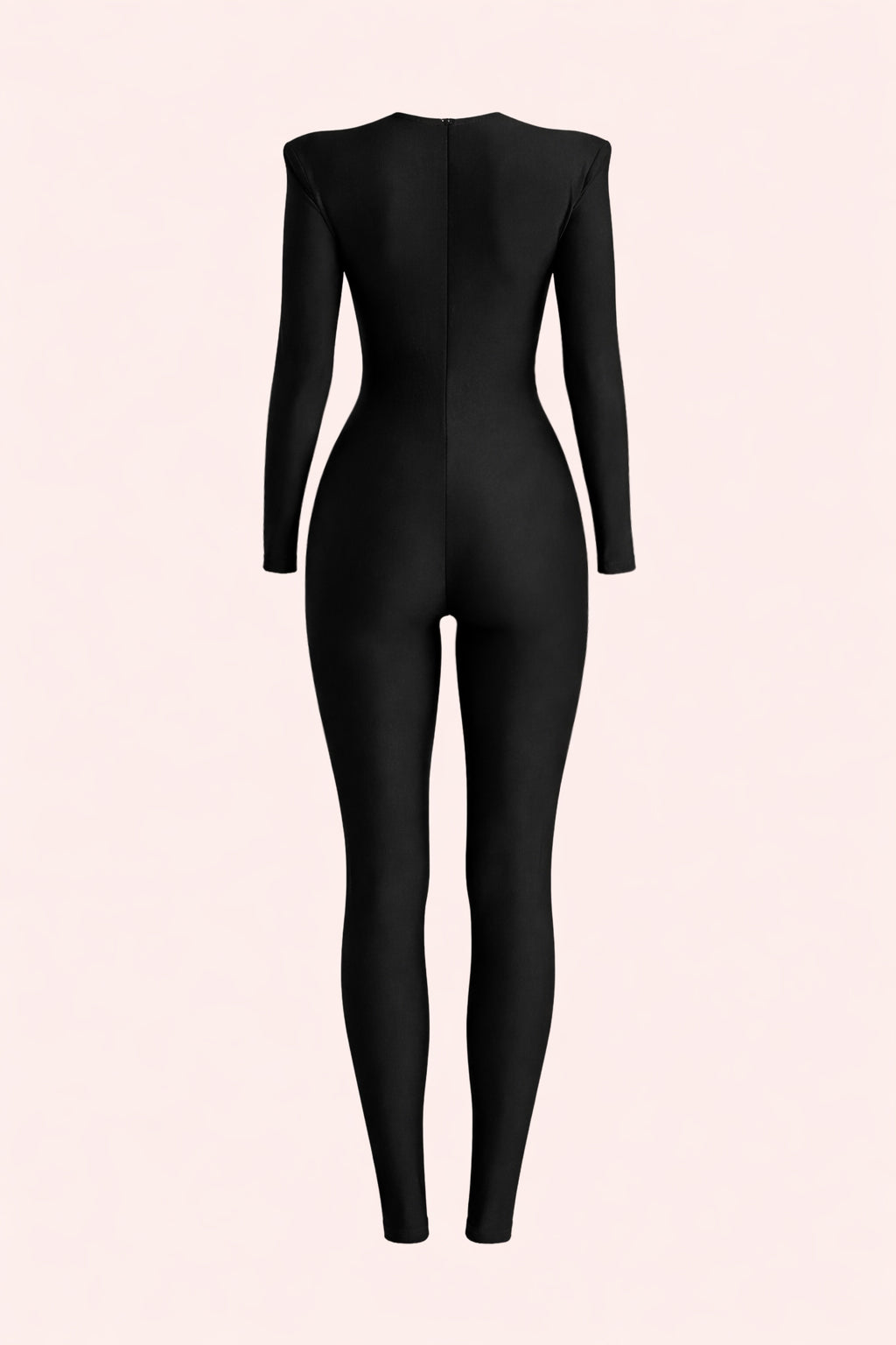 Black bodysuit on a light pink background