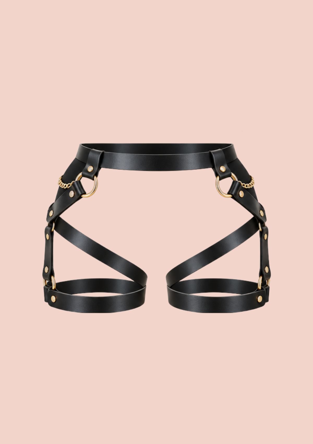 Black women's harness belt with criss-cross thigh straps, metal rings and gold-tone buckles