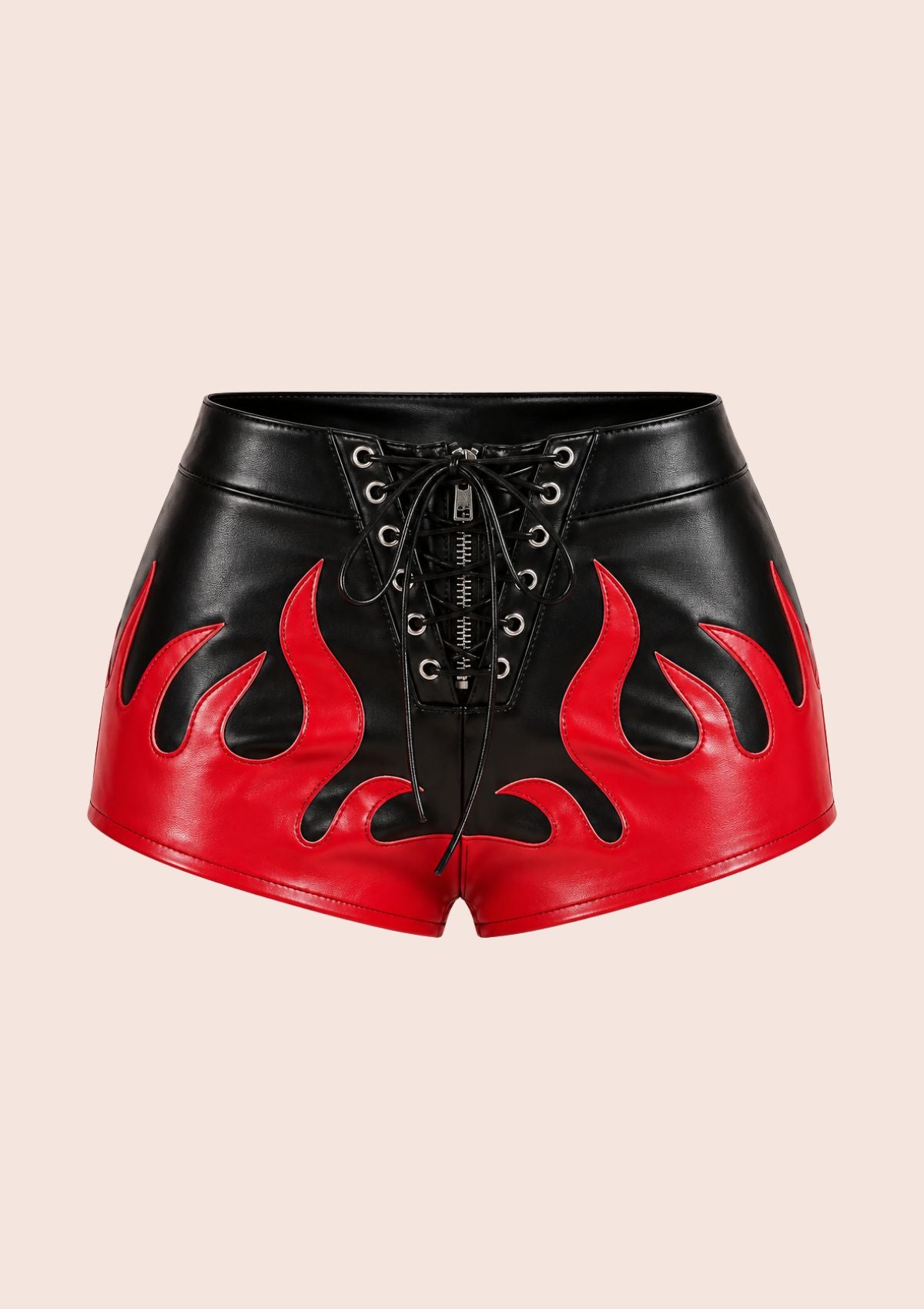 Black faux leather lace-up shorts with a red flame print on the sides, shown against a solid pale beige background.