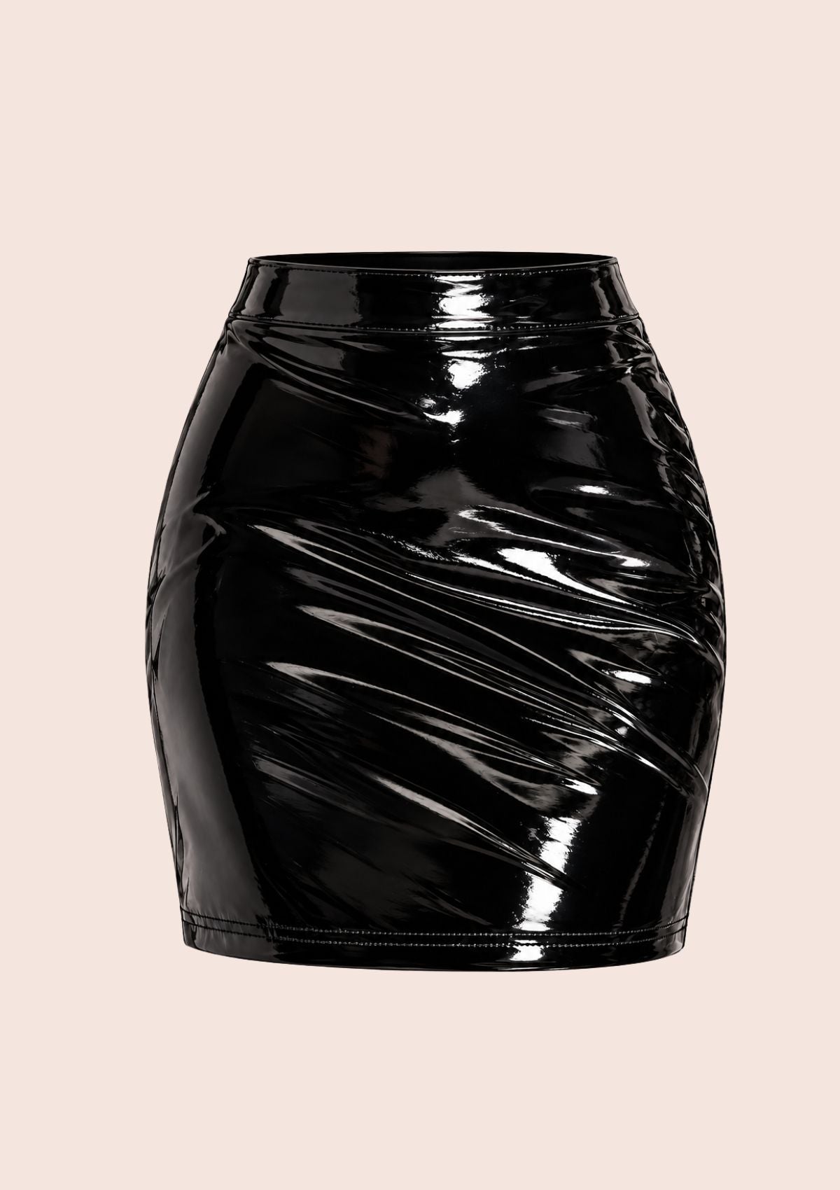 A black glossy patent leather mini skirt with a crinkled, wrinkle-textured design, shown against a solid pale beige background.