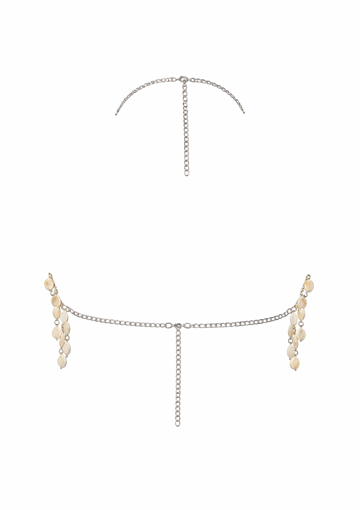 Bra with pearl-like beads on a white background