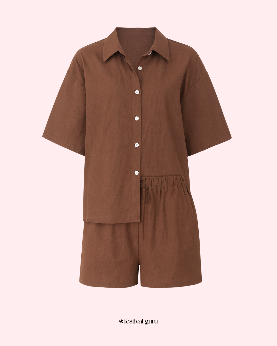 Brown romper with short sleeves and button details on a light pink background