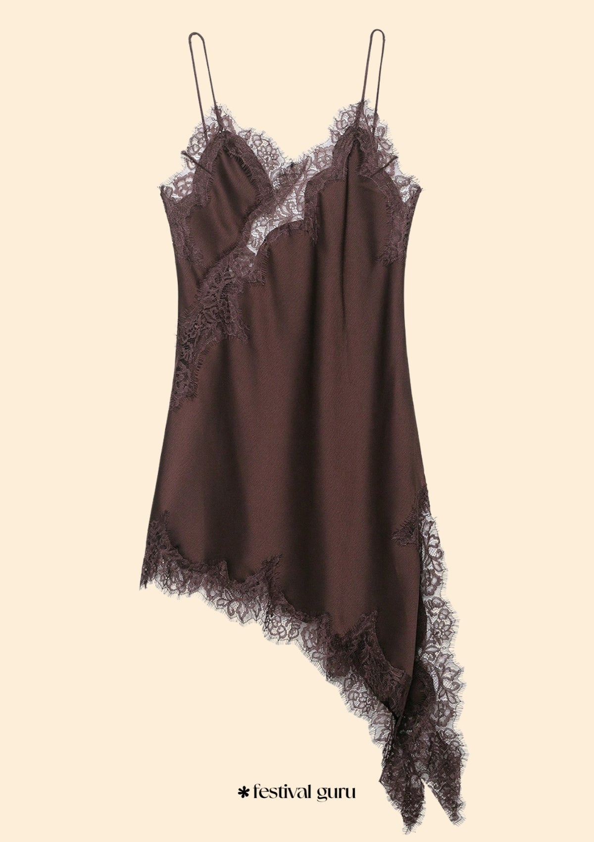  Brown slip dress with lace details on a beige background, featuring the brand 'festival guru'.