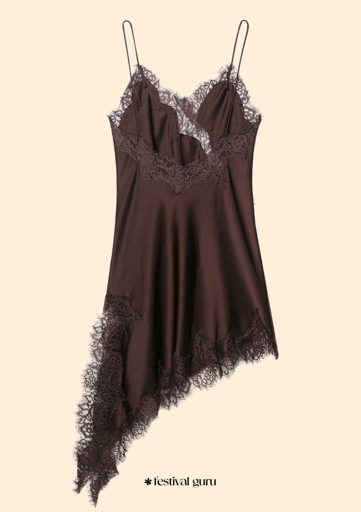 Brown slip dress with lace details on a beige background