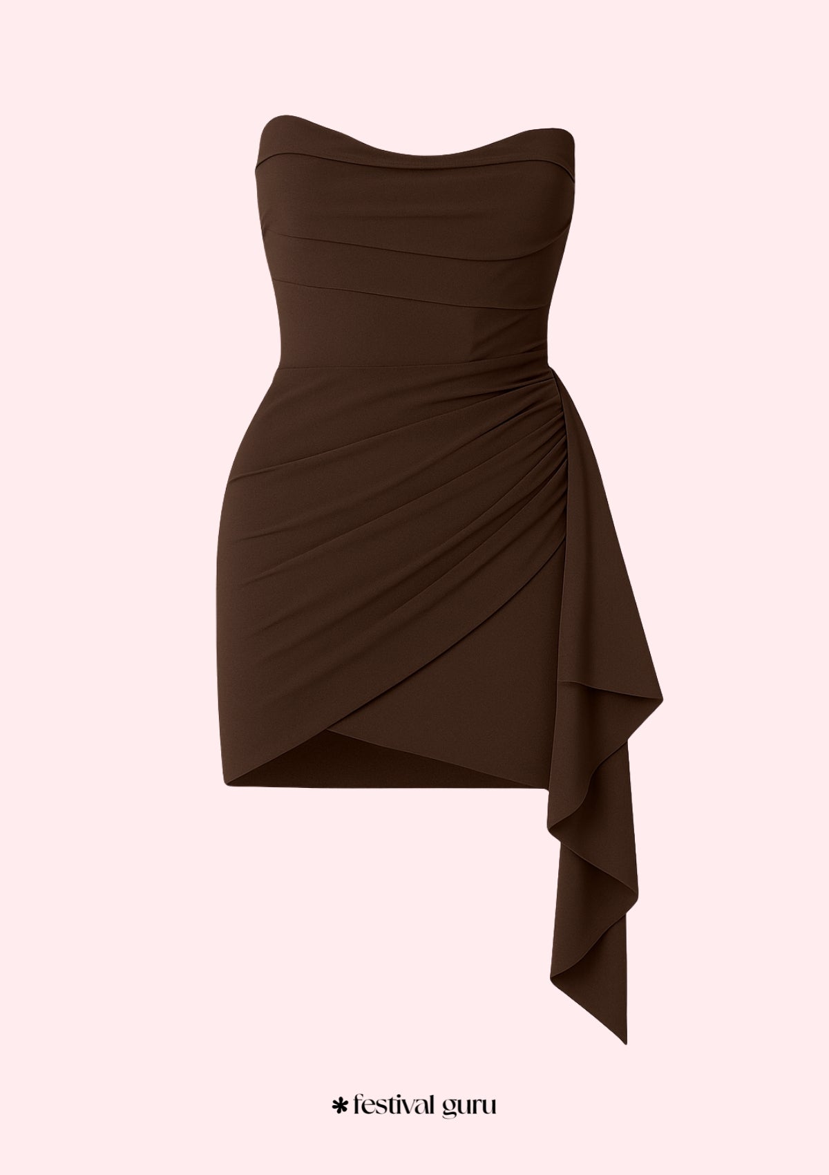 Brown strapless dress with draped design on a light pink background